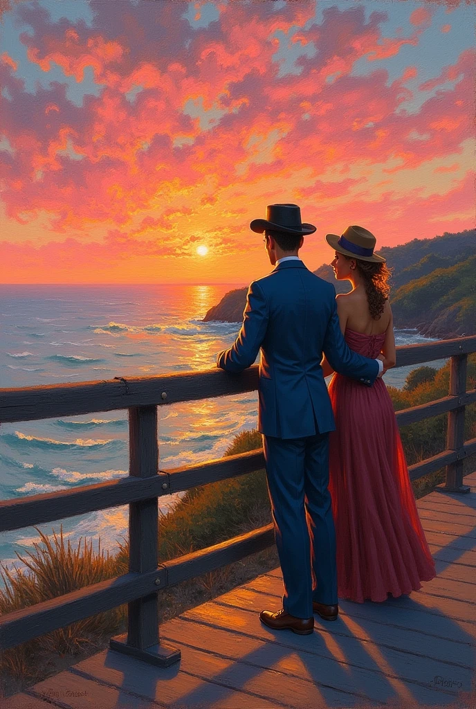 Impressionist style, Van Gogh style, Coney Island, leaning on the railing of a wooden walkway by the sea, the sun setting on the horizon, a man and a woman in old-fashioned clothes watching the sunset, the wind blowing from the hills to the sea, retro style, oil painting, the sky is dyed pink, melancholic atmosphere, painting.