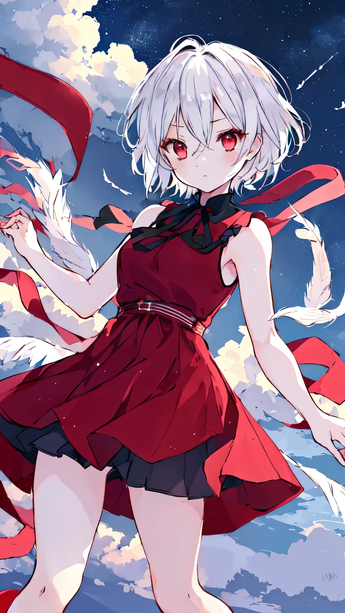 1girl, 独奏, dress, feathers, sky, red eyes, red dress, sleeveless dress, outdoors, hair between eyes, bangs, sleeveless, ribbon, night, night sky, short hair, bare shoulders, star (sky), cloud, starry sky, closed mouth, hand up, white hair, looking at viewer, black ribbon，open legs，Lift up your skirt，Camel toe，，underwear