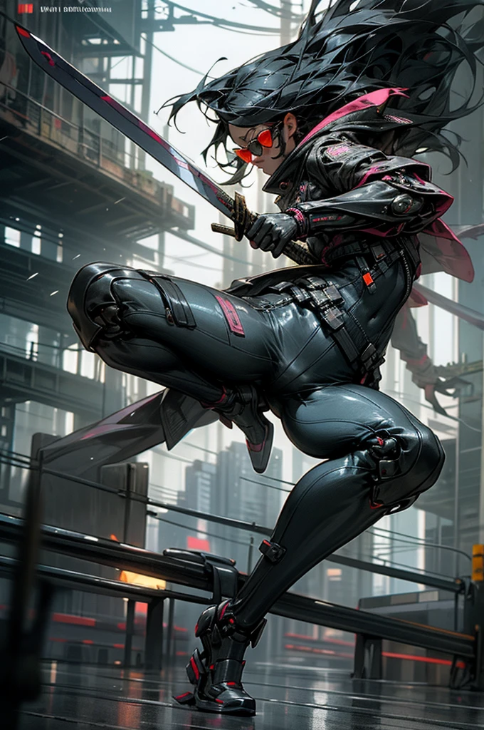 3000，Cyberpunk futuristic city，rain，A woman with graceful movements creates a human being，Wearing sunglasses，Holding a samurai sword，20 years old，Casual wear，Tight clothing