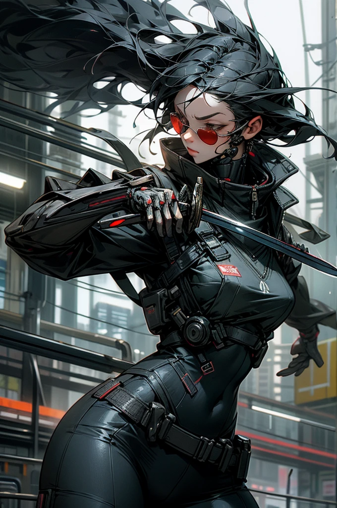 3000，Cyberpunk futuristic city，rain，A woman with graceful movements creates a human being，Wearing sunglasses，Holding a samurai sword，20 years old，Casual wear，Tight clothing