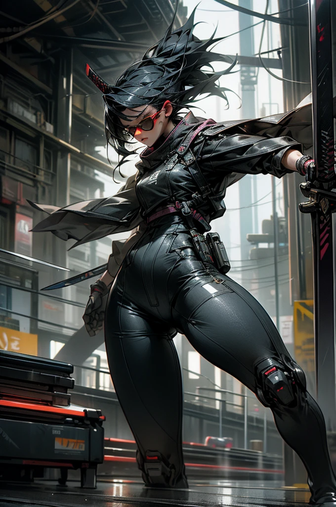 3000，Cyberpunk futuristic city，rain，A woman with graceful movements creates a human being，Wearing sunglasses，Holding a samurai sword，20 years old，Casual wear，Tight clothing