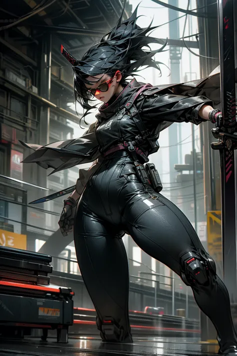 3000，cyberpunk futuristic city，rain，a woman with graceful movements creates a human being，wearing sunglasses，holding a samurai s...