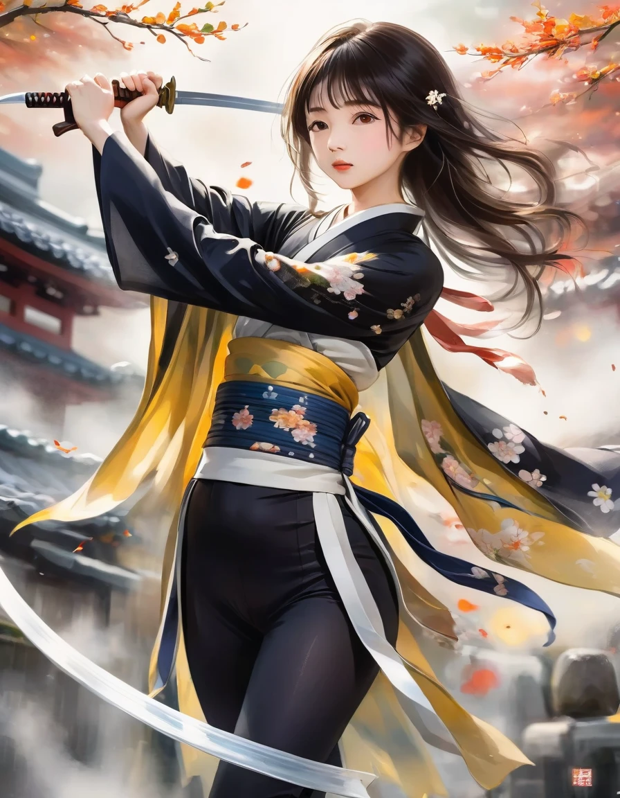 beautiful japanese girl，Presented in transparent color watercolor style，Holding a sharp blade or dagger，Injurious weapons,hidden in clothing.Wearing black leggings or a cape,show caution、Ambush Stance。His movements are flexible、Key Points,彰顯出殺手般的專注與dangerous氣息。Being in a dark environment,Only a glimmer of light shines on him,營造出mystery、dangerous的感覺。The overall atmosphere creates a dark、mystery、dangerous。，Confident and focused eyes，Japanese air，Partial light watercolor splash rendering background，Brown eyes，Motion Blur, Dreamy, Romantic and elegant，Noble and elegant style.Delicate brushstrokes，Japanese Art，dynamic art，( Perfect anatomical structure )masterpiece, best quality, Ultra-high resolution, (Very detailed),