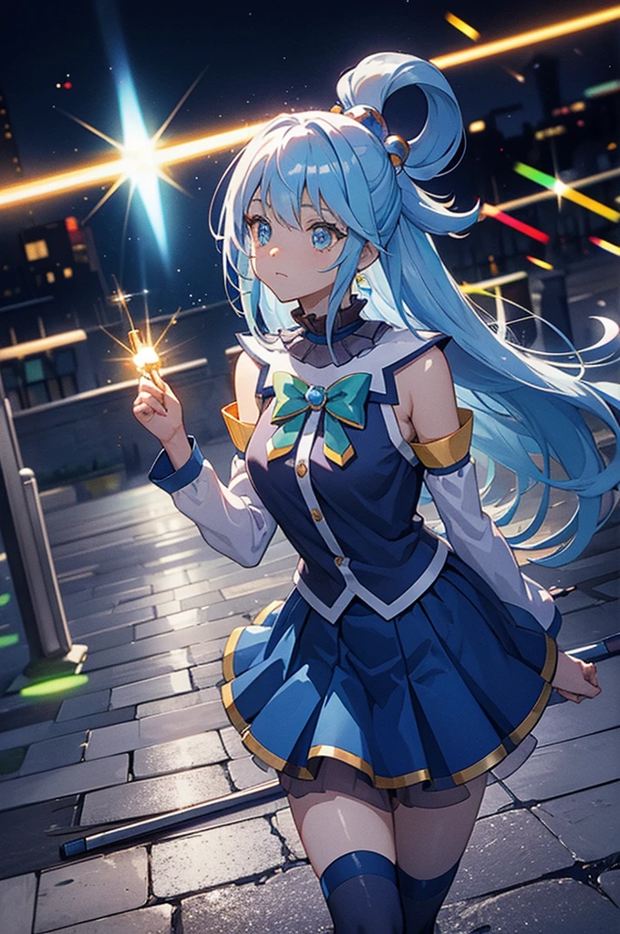 aaaqua, long hair, blue hair, hair rings, hair ornament, choker, bare shoulders, green bow, blue shirt, detached sleeves, blue skirt, thighhighs, highest quality,((highest quality)),((Tabletop)),((Perfect Face)),become close５Two fingered hand,1 girl,(Background Blur), ((Holographic)),1 girl,milky way, (Stripes of light), Impressive visuals, (Dynamic Streaks, Path of Light:1.2), Bright colors, Look up,Dynamic pose, Fountain in the background,　Carrying a walking stick, Looks like an anime poster,　A fateful journey