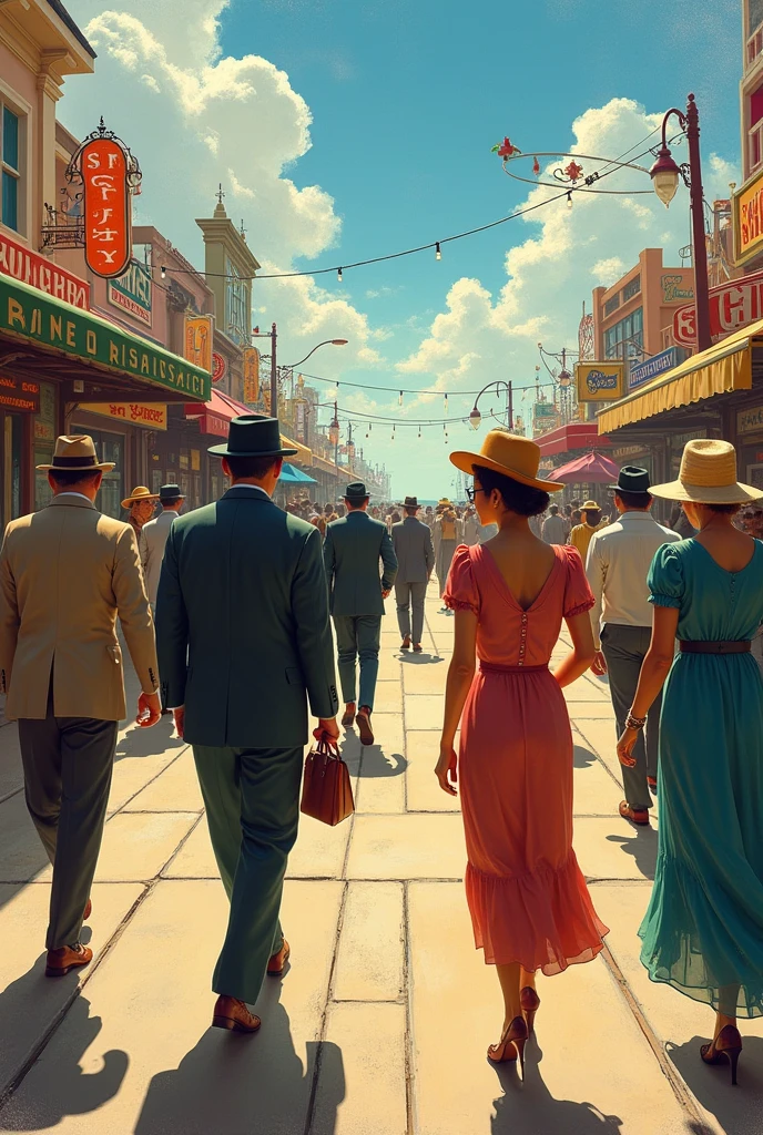 a bustling seaside boardwalk, old-fashioned dressed men and women, retro style, oil painting, american impressionist painting, rough texture, passionate, (best quality,4k,8k,highres,masterpiece:1.2),ultra-detailed,(realistic,photorealistic,photo-realistic:1.37),detailed figures,detailed clothing,detailed architecture,intricate details,vibrant colors,warm lighting,dramatic shadows,dynamic composition,cinematic framing