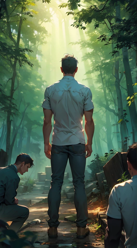 （A beam of light hits the man：1.5），beam，A man&#39;s back stands among the crowd，（The four people bowed their heads and knelt on one knee to salute him.：1.5），The background is in the forest，Wearing modern clothes, And soft colors in a circle in the forest. Create a surreal fantasy atmosphere.，momentum，Hot Blood，Marching through the burning forest。.