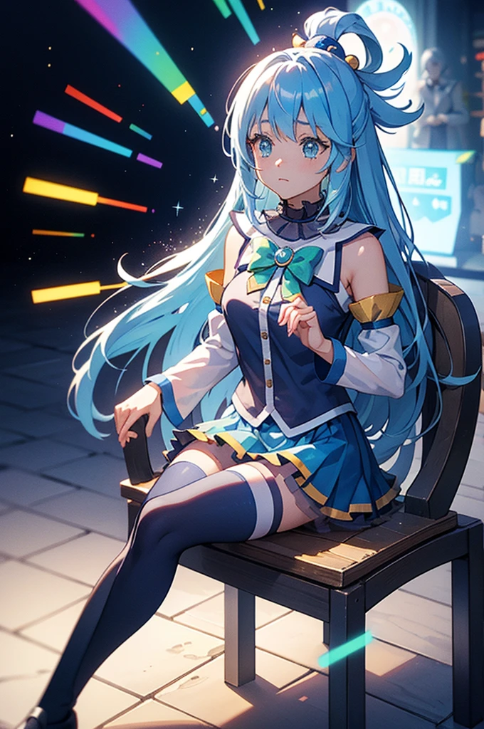 aaaqua, long hair, blue hair, hair rings, hair ornament, choker, bare shoulders, green bow, blue shirt, detached sleeves, blue skirt, thighhighs, highest quality,((highest quality)),((Tabletop)),((Perfect Face)),become close５Two fingered hand,1 girl,(Background Blur), ((Holographic)),1 girl,milky way, (Stripes of light), Impressive visuals, (Dynamic Streaks, Path of Light:1.2), Bright colors, Look up,Dynamic pose, Fountain in the background,　Sit on a park chair，Crying emoticon, Looks like an anime poster,　A fateful journey