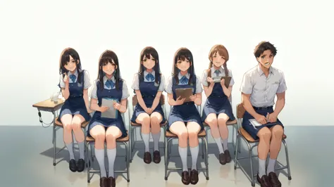 six individuals are seated in a row on green chairs, each dressed in various uniforms featuring knee-high socks and dark shoes. ...