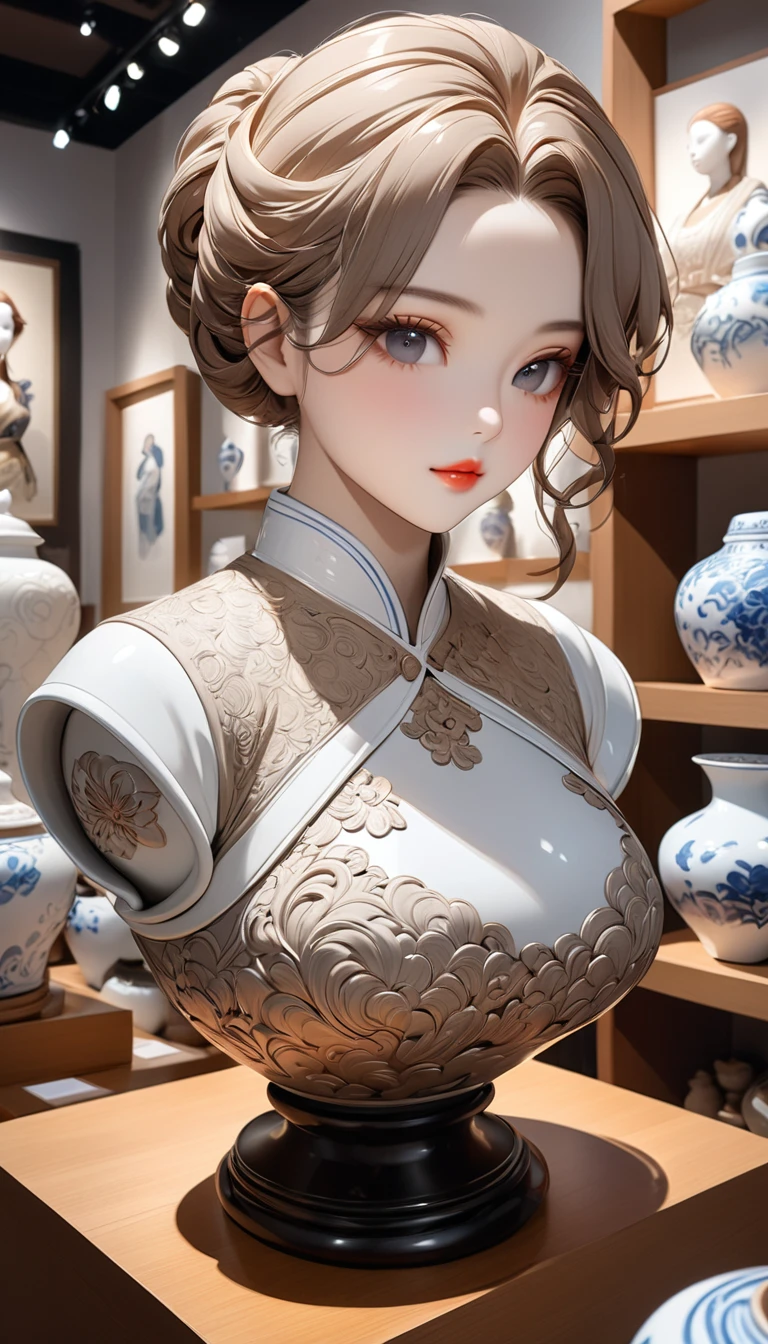 Ceramic female bust, Beautiful female figure, Curvy beauty, Sweet look, Terracotta, Ceramic face, Porcelain Hair, Natural Texture, White porcelain jar, Artworks on display, Fine ceramic art, best quality, best quality, masterpiece:1.2.