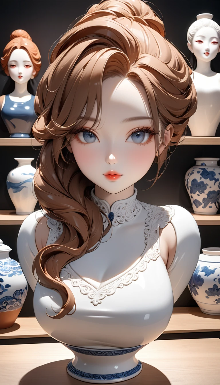 Ceramic female bust, Beautiful female figure, Curvy beauty, Sweet look, Terracotta, Ceramic face, Porcelain Hair, Natural Texture, White porcelain jar, Artworks on display, Fine ceramic art, best quality, best quality, masterpiece:1.2.