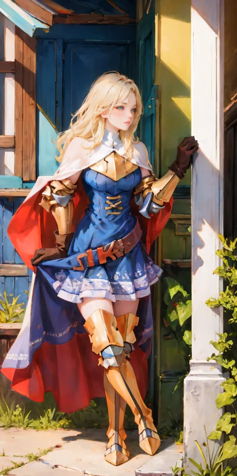 (masterpiece, best quality), 1girl,  knightfft, long hair, blonde hair, blue eyes, cape, armor, blue dress, belt, gloves, boots