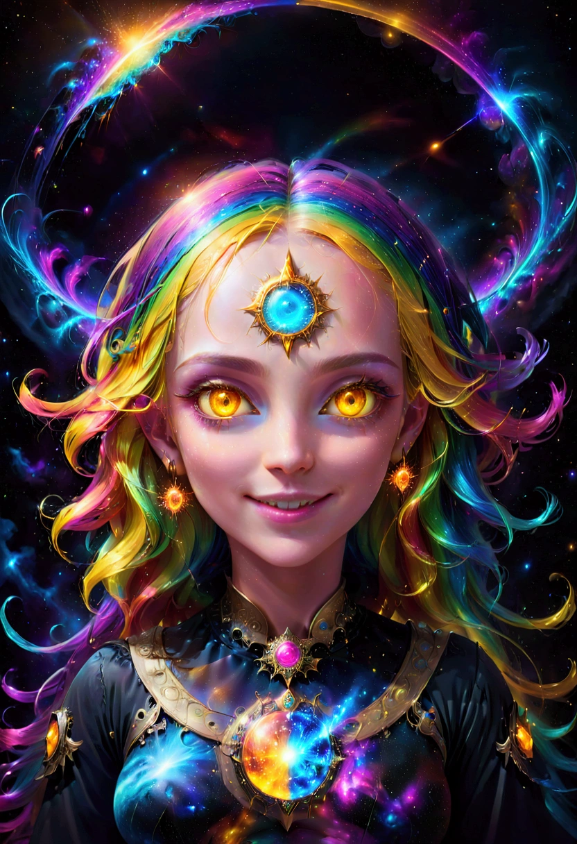 digital illustration, sorceress opening a portal to the cosmos, planets, rainbow hair, wavy hair, sparkling eyes, yellow eyes, longeyelashes, makeup, evil smile, first-person view, first-person view, first-person view, Luminism, sparkle, glowing light, reflection light, Wide-Angle