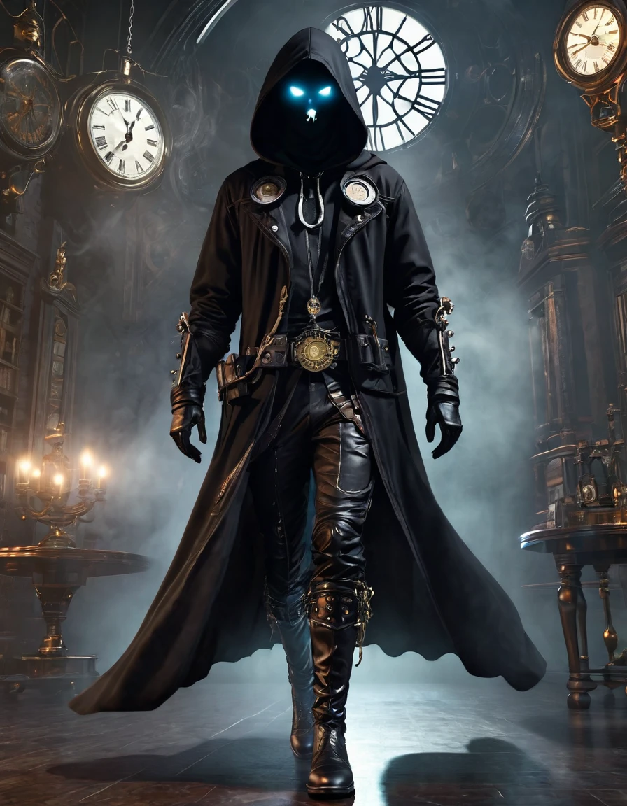 (Ghost of the Black Hood:1.5), (extremely detailed CG unity 16k wallpaper:1.1), (Denoising Strength: 1.45), (masterpiece:1.37), (Full body posture:1.4:), full length; from head to foot; Front view; Glowing eyes; Steampunk; clock;  devil&#39;breathing; Steampunk; full length; from head to foot; Front view; Ninja with samurai sword, , Cyberpunk Illustration, symmetry, detailed,