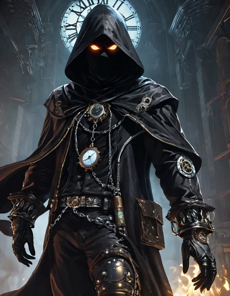 (Ghost of the Black Hood:1.5), (extremely detailed CG unity 16k wallpaper:1.1), (Denoising Strength: 1.45), (masterpiece:1.37), (Full body posture:1.4:), full length; from head to foot; Front view; Glowing eyes; Steampunk; clock;  devil&#39;breathing; Steampunk; full length; from head to foot; Front view; Ninja with samurai sword, , Cyberpunk Illustration, symmetry, detailed,