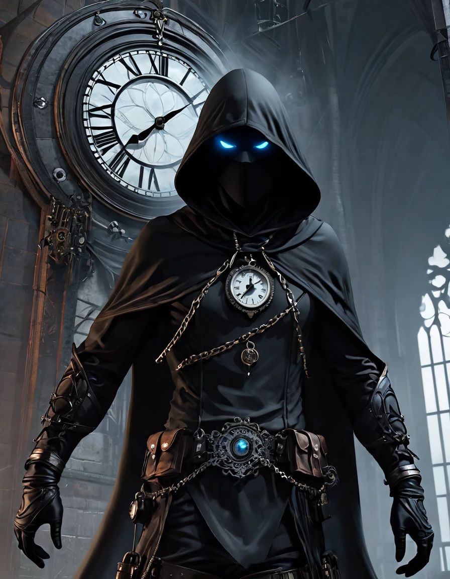 (Ghost of the Black Hood:1.5), (extremely detailed CG unity 16k wallpaper:1.1), (Denoising Strength: 1.45), (masterpiece:1.37), (Full body posture:1.4:), full length; from head to foot; Front view; Glowing eyes; Steampunk; clock;  devil&#39;breathing; Steampunk; full length; from head to foot; Front view; Ninja with samurai sword, , Cyberpunk Illustration, symmetry, detailed,