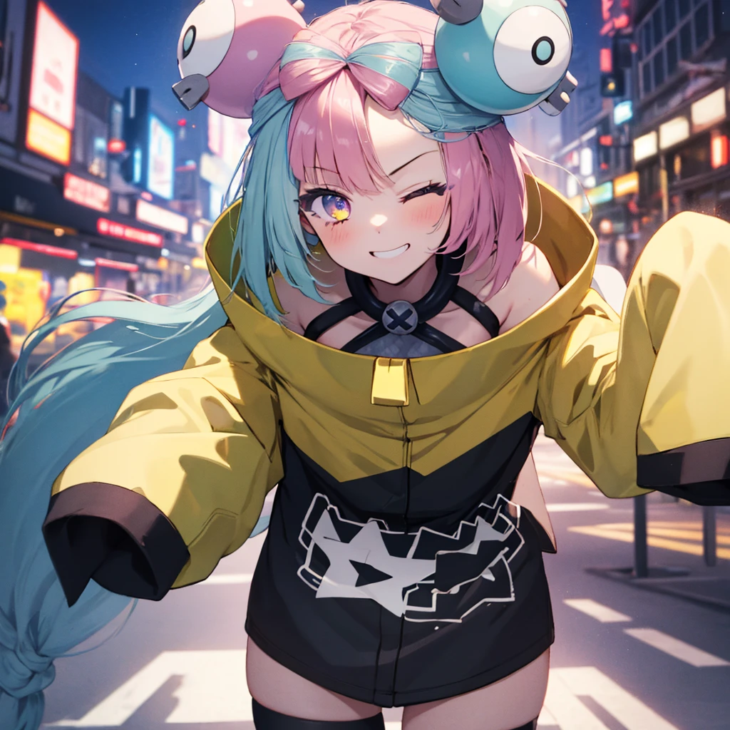 masterpiece, Highest quality, Perfect Face, Highest Resolution, Highest quality,Detailed depiction of the eyes, 8k, One Girl, Long Hair, Yellow Jacket, Long sleeve, hair ornaments, Future City, neon, one eye closed, sly wink, laugh