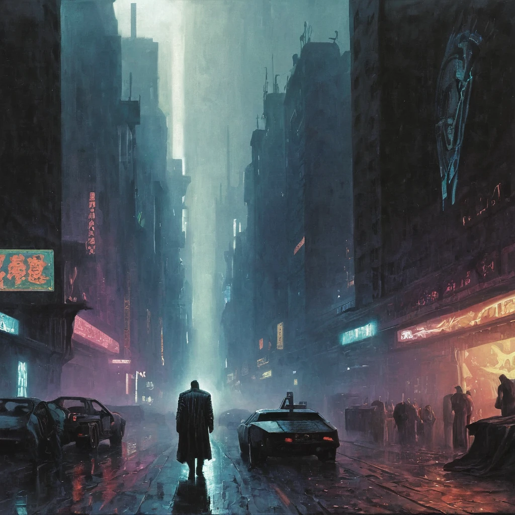 Painting of cyberpunk dark knight dystopian blade runner  AH_FLeighton 