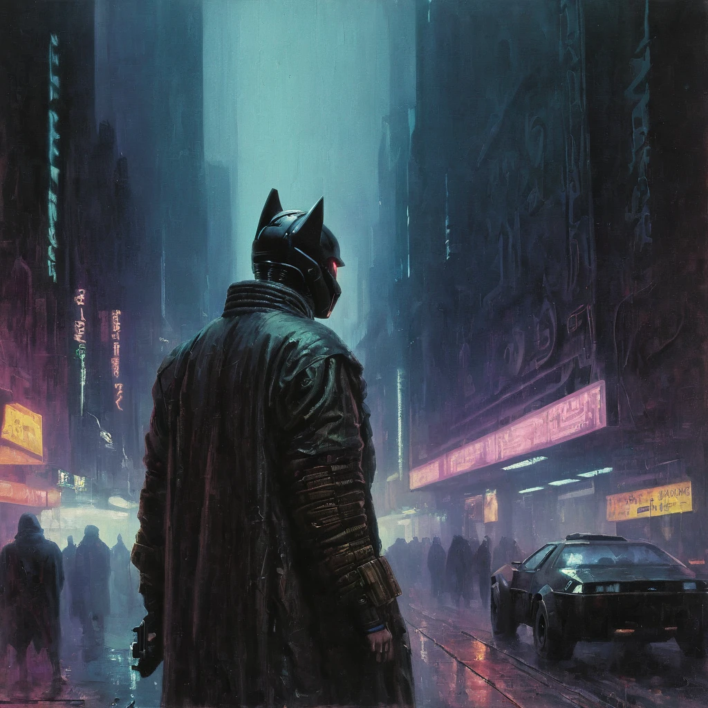 Painting of cyberpunk dark knight dystopian blade runner  AH_FLeighton 