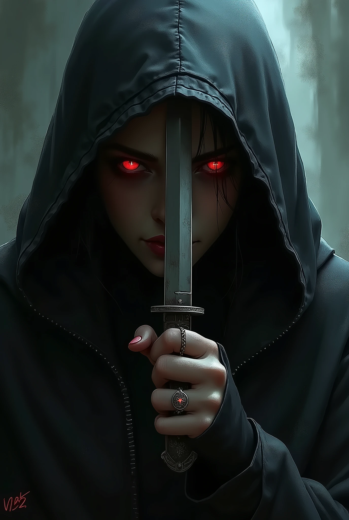 a hooded female assassin, intense red eyes, knife in front of obscured face, close-up portrait, fear and allure, CGI art, digital artwork, 1girl, detailed facial features, gorgeous detailed eyes, hyper detailed face, sharp focus, photorealistic, cinematic lighting, dark fantasy, moody atmosphere, dramatic chiaroscuro, sinister but beautiful, ethereal, mystical, powerful presence, intricate clothing textures, intricate details, masterpiece, best quality, 8k, ultra-detailed, physically-based rendering