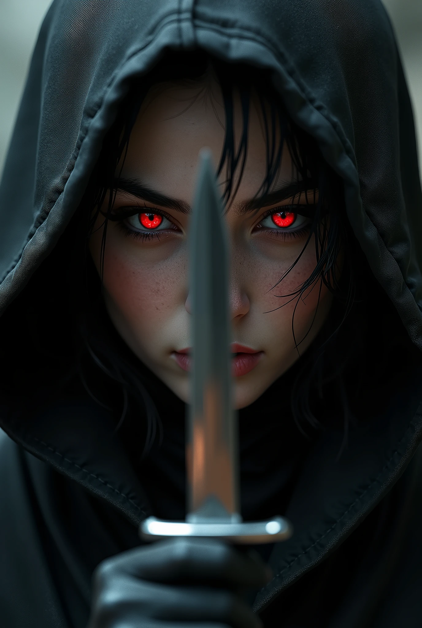 a hooded female assassin, intense red eyes, knife in front of obscured face, close-up portrait, fear and allure, CGI art, digital artwork, 1girl, detailed facial features, gorgeous detailed eyes, hyper detailed face, sharp focus, photorealistic, cinematic lighting, dark fantasy, moody atmosphere, dramatic chiaroscuro, sinister but beautiful, ethereal, mystical, powerful presence, intricate clothing textures, intricate details, masterpiece, best quality, 8k, ultra-detailed, physically-based rendering