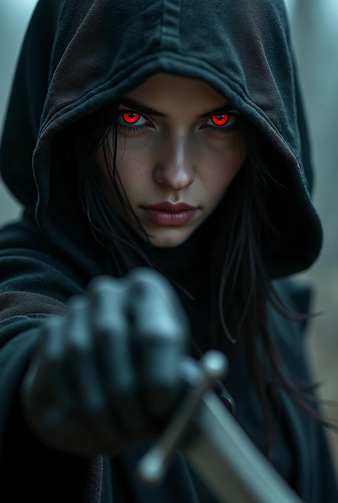 a hooded female assassin, intense red eyes, knife in front of obscured face, close-up portrait, fear and allure, CGI art, digital artwork, 1girl, detailed facial features, gorgeous detailed eyes, hyper detailed face, sharp focus, photorealistic, cinematic lighting, dark fantasy, moody atmosphere, dramatic chiaroscuro, sinister but beautiful, ethereal, mystical, powerful presence, intricate clothing textures, intricate details, masterpiece, best quality, 8k, ultra-detailed, physically-based rendering