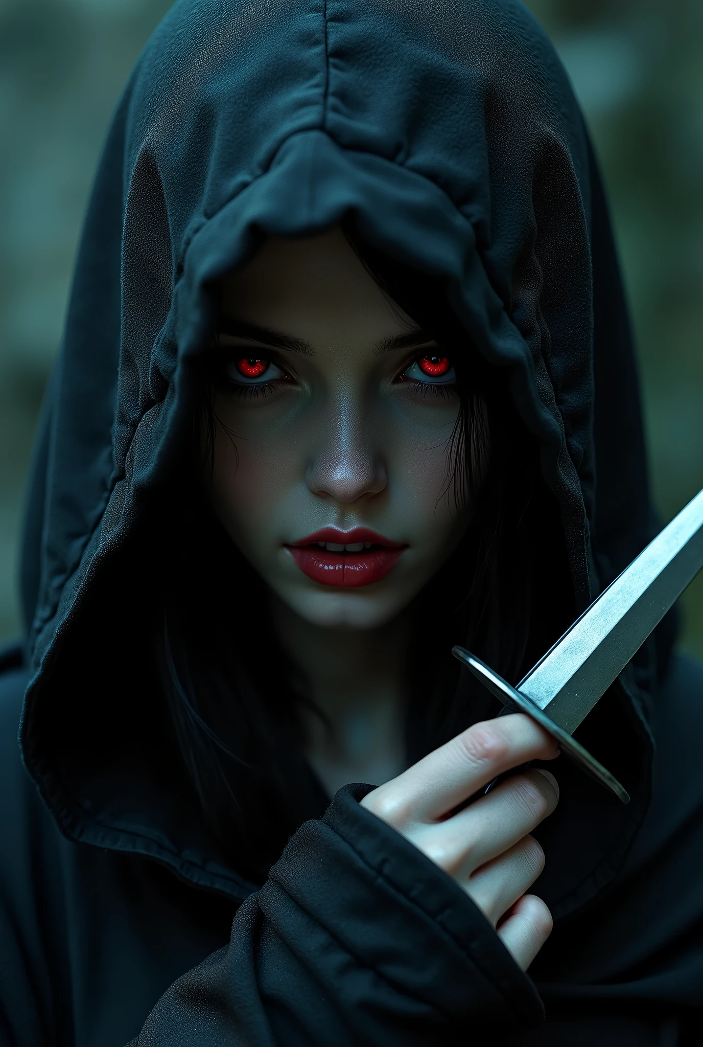 a hooded female assassin, intense red eyes, knife in front of obscured face, close-up portrait, fear and allure, CGI art, digital artwork, 1girl, detailed facial features, gorgeous detailed eyes, hyper detailed face, sharp focus, photorealistic, cinematic lighting, dark fantasy, moody atmosphere, dramatic chiaroscuro, sinister but beautiful, ethereal, mystical, powerful presence, intricate clothing textures, intricate details, masterpiece, best quality, 8k, ultra-detailed, physically-based rendering