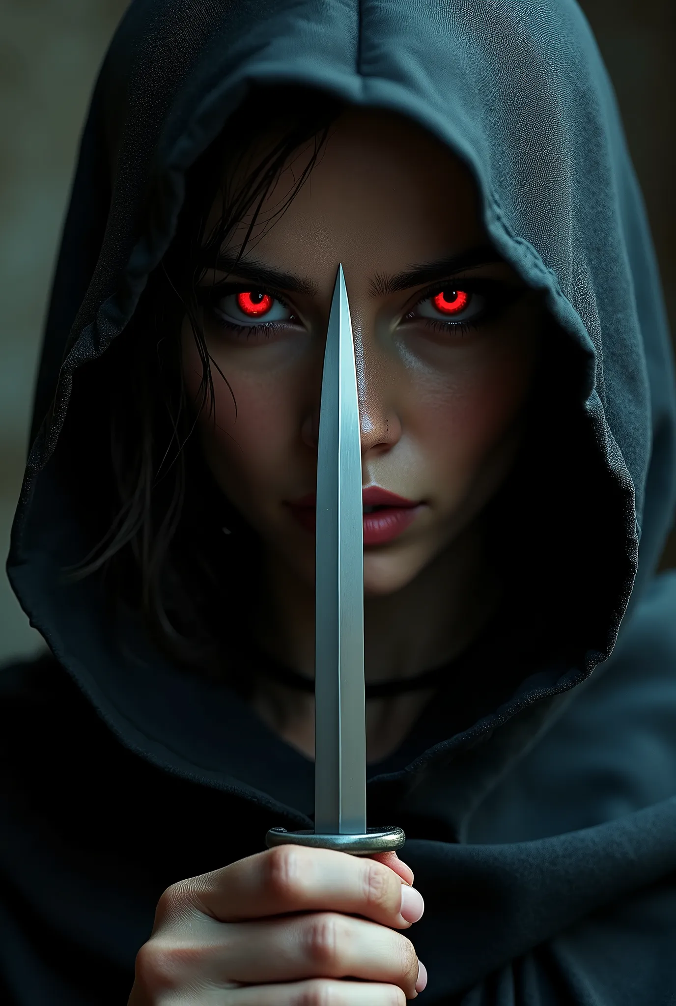 a hooded female assassin, intense red eyes, knife in front of obscured face, close-up portrait, fear and allure, CGI art, digital artwork, 1girl, detailed facial features, gorgeous detailed eyes, hyper detailed face, sharp focus, photorealistic, cinematic lighting, dark fantasy, moody atmosphere, dramatic chiaroscuro, sinister but beautiful, ethereal, mystical, powerful presence, intricate clothing textures, intricate details, masterpiece, best quality, 8k, ultra-detailed, physically-based rendering