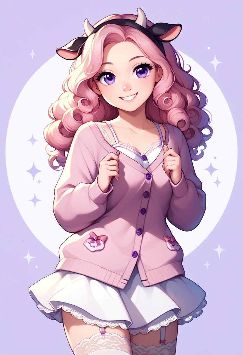 1girl, solo, pink curly hair, parted bangs, cow horns, black cow ears, purple eyes, pastel pink cardigan, white lace sundress, white lace stockings, smile