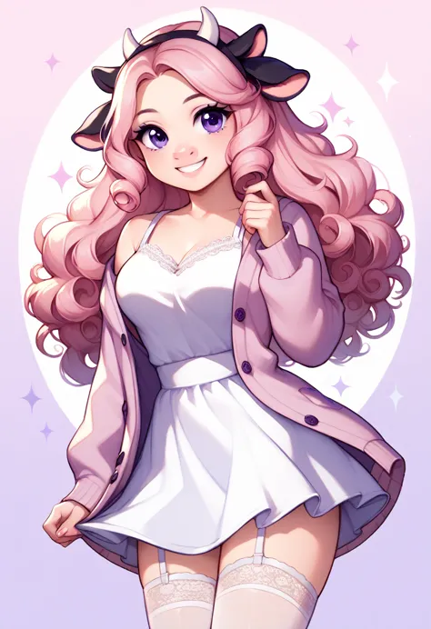 1girl, solo, pink curly hair, parted bangs, cow horns, black cow ears, purple eyes, pastel pink cardigan, white lace sundress, w...