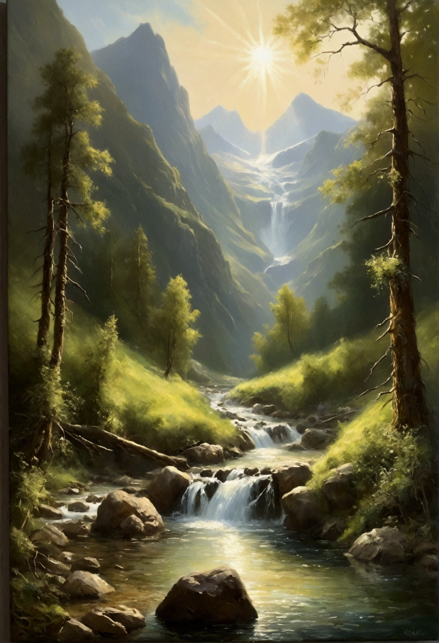 Oil painting, impressionism, a mountain stream with small waterfalls rising in tiers, deep green mountains, a kingfisher flying, slits of sunlight filtering through the trees, Rembrandt rays, a quiet and calming view of a mountain stream.