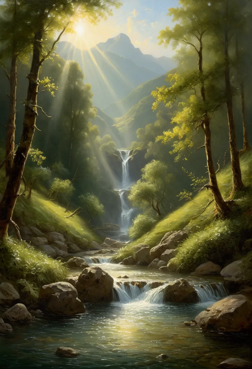 Oil painting, impressionism, a mountain stream with small waterfalls rising in tiers, deep green mountains, a kingfisher flying, slits of sunlight filtering through the trees, Rembrandt rays, a quiet and calming view of a mountain stream.