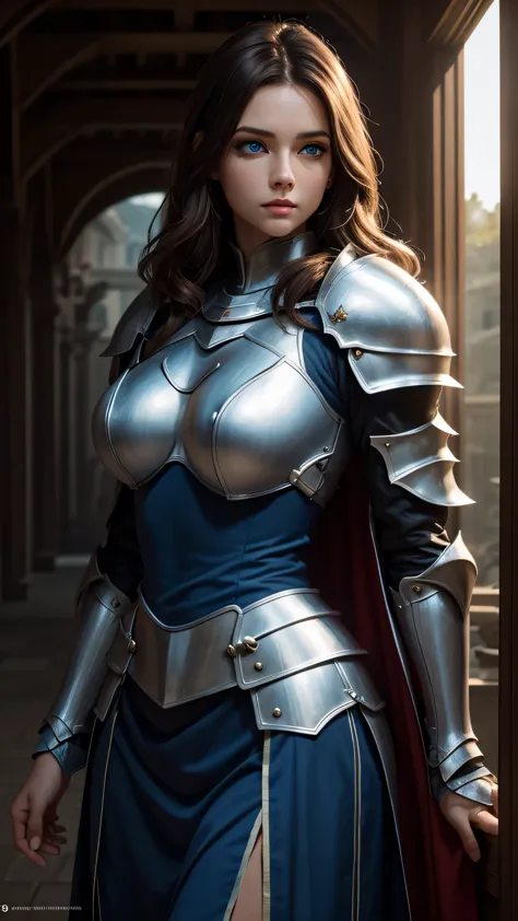 female knight , full-length posing , big breasts, divine face, beauty faces, big eyes, high detail, beauty of lips, photorealist...