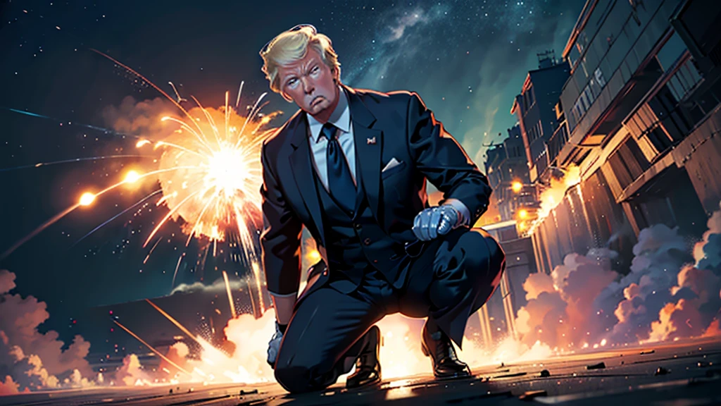 Donald Trump, Trump is against the explosion, there is an explosion behind him, he is squatting in a gopnik pose, menacingly, putting one hand in front of him, as if he wants to hit, looks at the viewer from bottom to top. Donald Trump in a suit, in fighting gloves, in fighting gloves, explosion behind, Realism, realistic image, bright, colorful, Colorful background, bright background