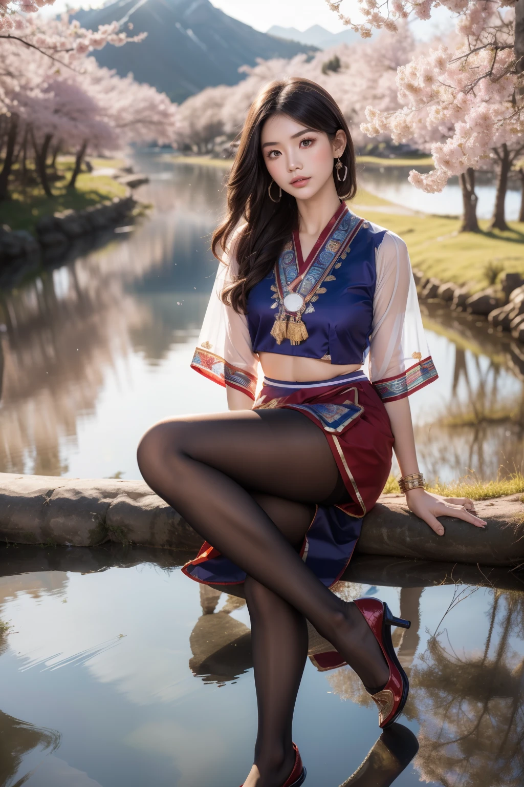 (background：The mountain is full of cherry blossoms，There are mountains and fog)(whole body:1.5)，(1 Hmong girl:1.3),(Viewer:1.4)，(Anatomically correct:1.4),(Completely transparent pantyhose:1.3),(Sitting on the top of a mountain:1.2),(Dressed in southwestern ethnic minority costumes:1.2),,( Pointed toe chunky high heels :1.1),(precise、Perfect face shape:1.3),(Open your legs，Long legs:1.3),Wearing hair accessories of southwestern ethnic minorities，spread, Spread your legs，saw camel toe，Ultra high quality, Light线追踪, reflected Light， Correct structure, The award-winning, High Detail, Lighten the shadow contrast, facial Lighting ，Light, masterpiece, Super Detail, high quality, High Detail, best quality, 16K，High contrast,