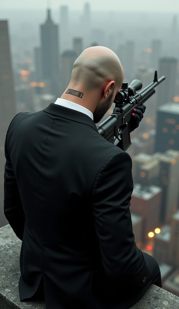 Full body shot from back, shot from above, hitman the game, agent 47, a bald man in a suit with a red tie, barcode tattoo on back of neck, walk throu hotels corridors looking for target, photorealistic, cinematic lighting, dramatic shadows, hyper detailed, cinematic composition, chiaroscuro lighting, muted color palette, gritty realism, moody atmosphere, tense action scene