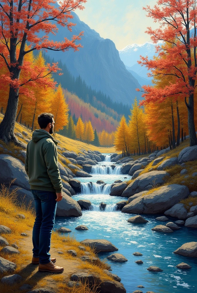 Oil painting, impressionist, Van Gogh-style, a mountain stream with a series of small irregular waterfalls, a mountain stream on an autumn afternoon, trees colored red and yellow, weak sunlight filtering through the trees, a man wearing a sweater standing there, a quiet and calm view of the mountain stream.