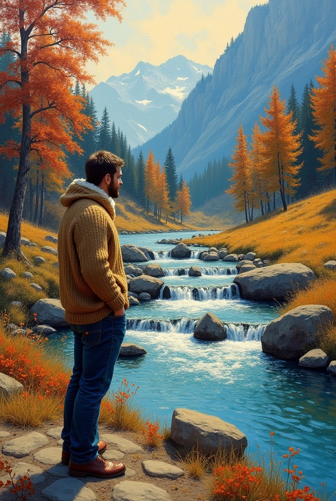 Oil painting, impressionist, Van Gogh-style, a mountain stream with a series of small irregular waterfalls, a mountain stream on an autumn afternoon, trees colored red and yellow, weak sunlight filtering through the trees, a man wearing a sweater standing there, a quiet and calm view of the mountain stream.