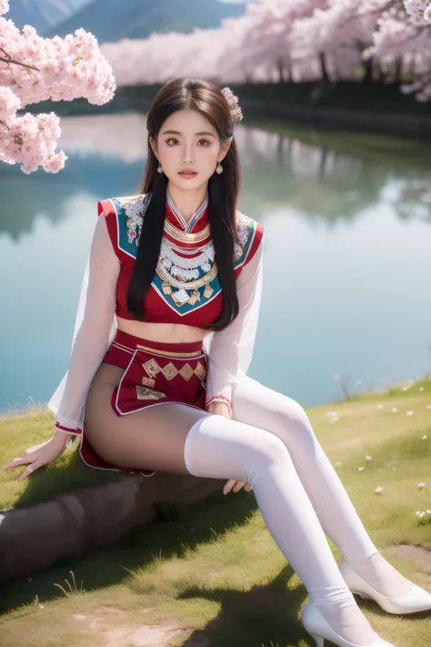 (background：The mountain is full of cherry blossoms，There are mountains and fog)(whole body:1.5)，(1 Hmong girl:1.3),(Viewer:1.4)，(Anatomically correct:1.4),(Completely transparent pantyhose:1.3),(Sitting on the top of a mountain:1.2),(Dressed in southwestern ethnic minority costumes:1.2),,( Pointed toe chunky high heels :1.1),(precise、Perfect face shape:1.3),(Open your legs，Long legs:1.3),Wearing hair accessories of southwestern ethnic minorities，spread, Spread your legs，saw camel toe，Ultra high quality, Light线追踪, reflected Light， Correct structure, The award-winning, High Detail, Lighten the shadow contrast, facial Lighting ，Light, masterpiece, Super Detail, high quality, High Detail, best quality, 16K，High contrast,