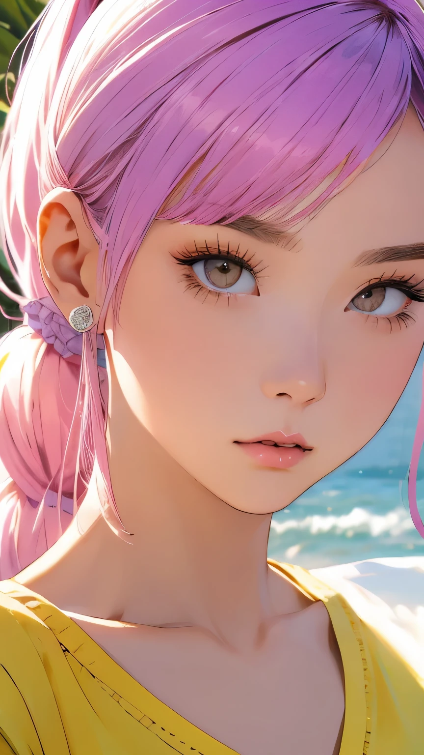 Beautiful and attractive woman、Half-body photo、Delicate and sexy collarbone、Attractive oval face、double eyelid、bright peach-colored eyes、Pink Lips、Small Nose、Concentrated face、Face close-up、Blue Hair、ponytail、Yellow T-shirt、Big on T-shirt３Print、Ultra-high resolution、Super detailed、