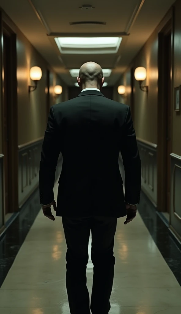 Full body shot from back, shot from above, hitman the game, agent 47, a bald man in a suit with a red tie, barcode tattoo on back of neck, walk throu hotels corridors looking for target, photorealistic, cinematic lighting, dramatic shadows, hyper detailed, cinematic composition, chiaroscuro lighting, muted color palette, gritty realism, moody atmosphere, tense action scene