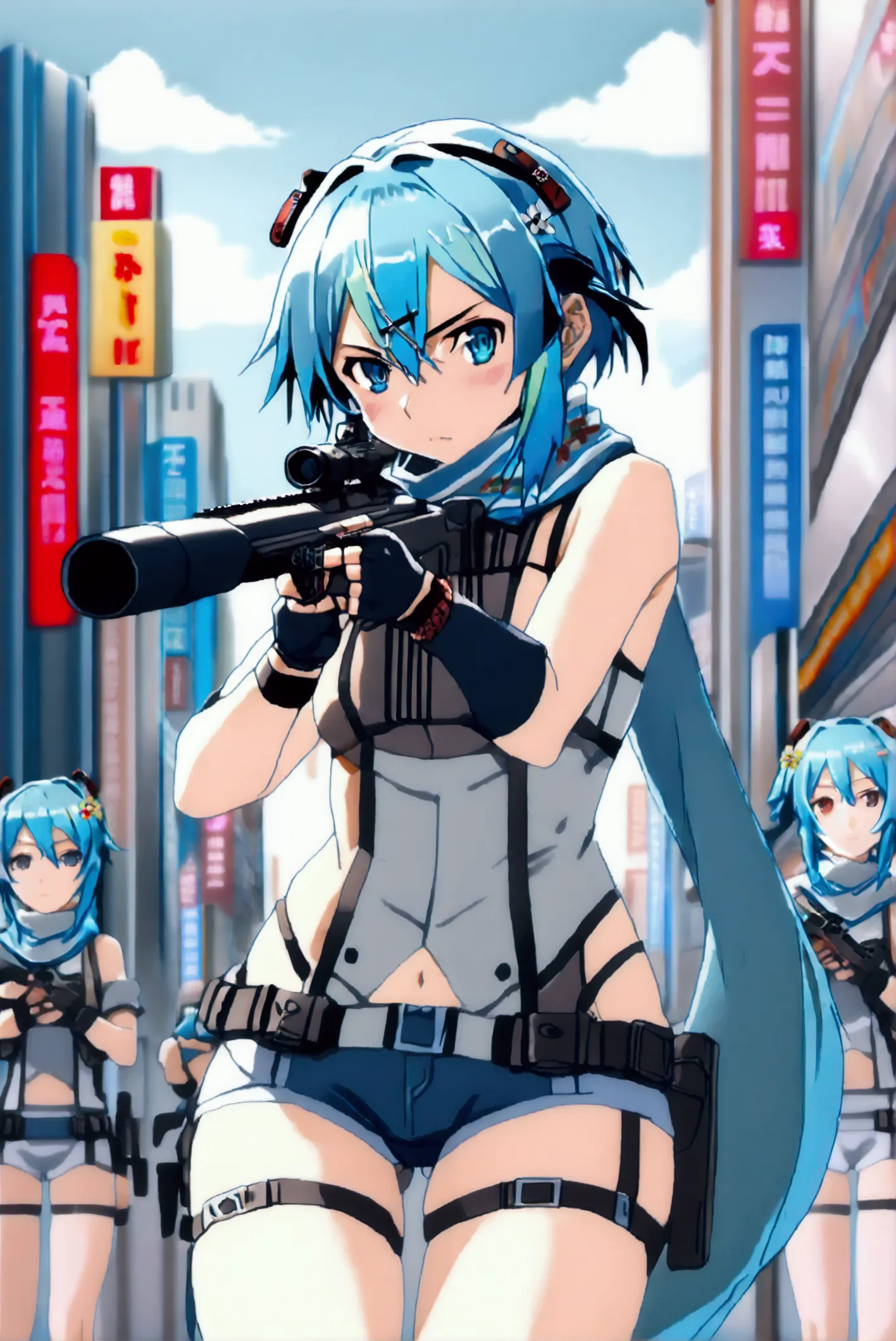 ((((((sinon, anime style, scarf, fingerless gloves,thin, pale blue hair, hair adornments, hair clips, thigh strap, cowboy shooti...