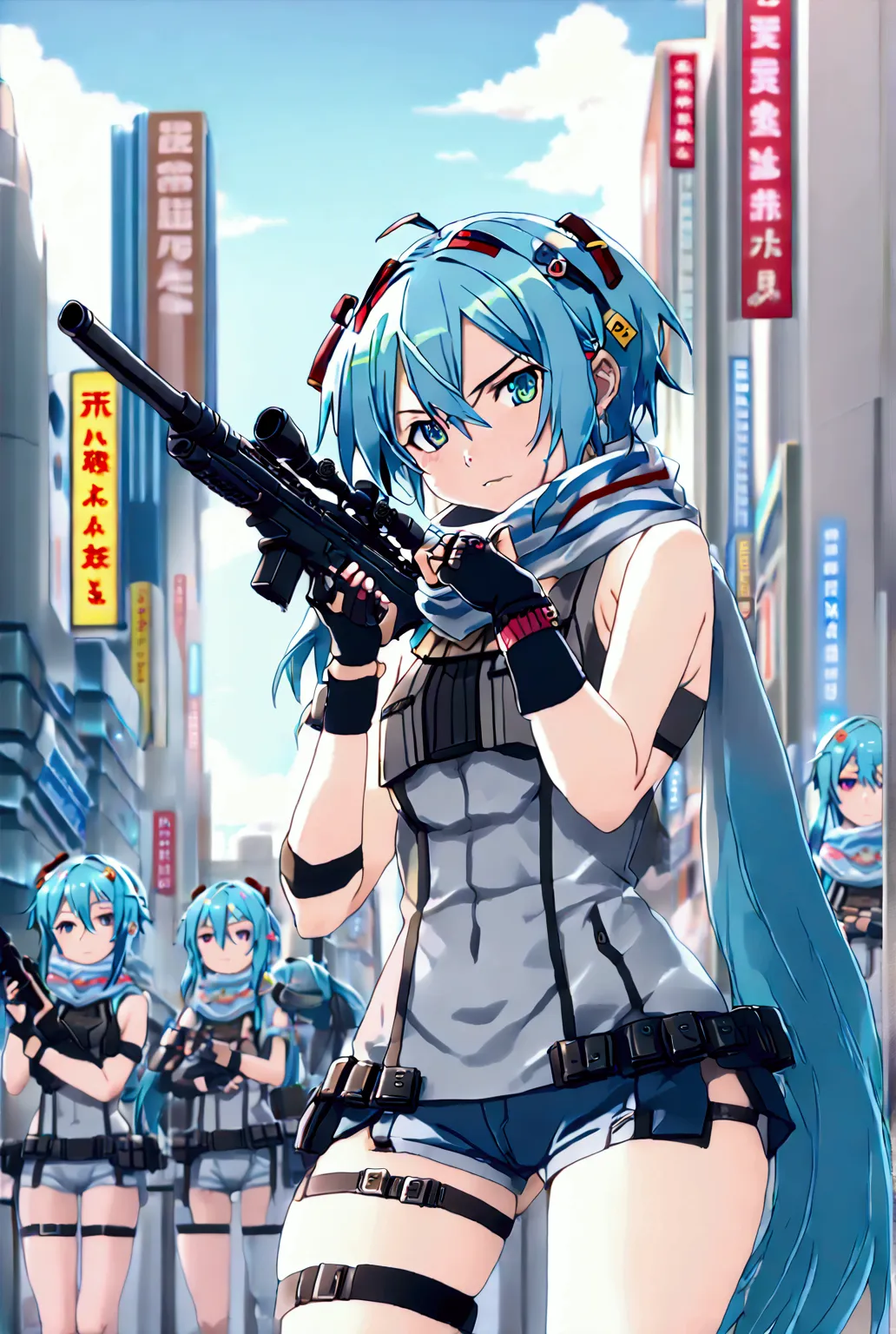 ((((((sinon, anime style, scarf, fingerless gloves,thin, pale blue hair, hair adornments, hair clips, thigh strap, cowboy shooti...