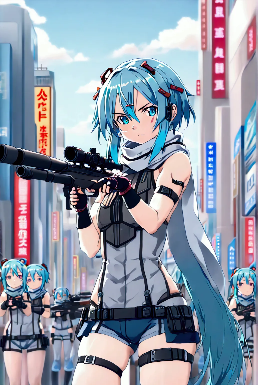 ((((((sinon, anime style, scarf, fingerless gloves,thin, pale blue hair, hair adornments, hair clips, thigh strap, cowboy shooti...