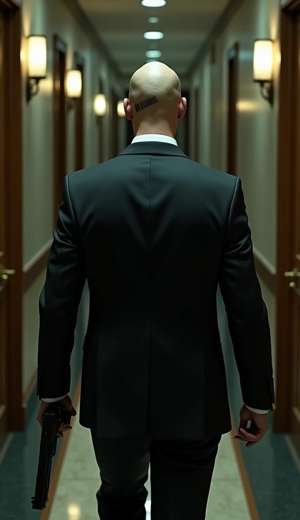 Full body shot from back, shot from above, hitman the game, agent 47, a bald man in a suit with a red tie, barcode tattoo on back of neck, walk throu hotels corridors looking for target, photorealistic, cinematic lighting, dramatic shadows, hyper detailed, cinematic composition, chiaroscuro lighting, muted color palette, gritty realism, moody atmosphere, tense action scene