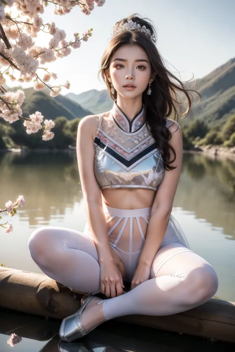 cameltoe，(background：the mountain is full of cherry blossoms，there are mountains and fog)(whole body:1.5)，(1 hmong girl:1.3),(vi...