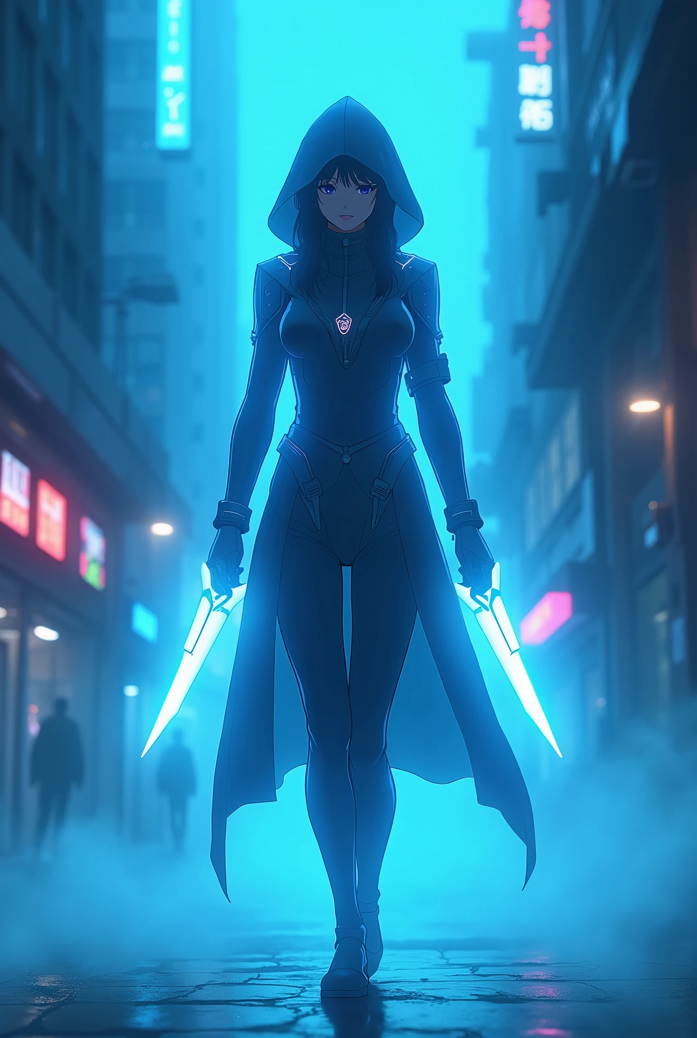 An award-winning anime masterpiece of visual delight, featuring a futuristic female assassin in a neon-lit urban landscape. Her body is nearly invisible, blending into the misty, blue-toned environment, with only a ghostly silhouette revealed by the Tyndall effect. Faint, electric glows pulse along the contours of her high-tech suit, adding energy and mystique to her presence. In her hand, she wields a futuristic glowing dagger, its blade emitting a soft, eerie light that contrasts with her near-invisible form. The advanced light-bending technology distorts the air around her, with brief glimpses of her figure highlighted by the interplay of light and shadow. The composition perfectly captures the blend of stealth, cutting-edge technology, and anime artistry in a visually stunning, ethereal scene.