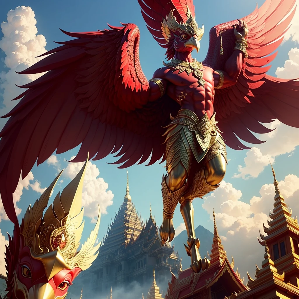 Garuda, a male anthropomorphic bird, has the appearance of a bird. The head and appearance are that of a bird. Has a bird's head, red feathers, red eye details, muscular body, best anatomy, red skin, red feathers on the body. Big red wings spread out. perfect wingspan Wear jewelry made from gold with Thai designs. Gold jewelry adorned with diamonds sits on the head of a red bird. Wear a gold chain on the left and right on the chest. Wear bright red pants, Thai silk with a Thai pattern and a gold waistband. Beautiful red cloth, ancient Thai cloth, holding a sword, hands and legs having the appearance of a complete bird. perfect hands, legs, feet Standing on the grass, looking straight, standing fully, body with the most refined skin. red skin body Maximum feather detail. Red feather. Maximum eye detail. Red eye.
Maximum anatomical detail Details, cloth, accessories, Thai warrior armor, ultimate weapon Masterpiece quality The most realistic picture Maximum realism and detail The best light The best quality of light and shade World-class studio photography Best close-up view Thai temple castle backdrop made of gold, onyx, emerald, diamond, the most perfect fantasy. The background is the sky, clouds, fog. Feeling natural and realistic