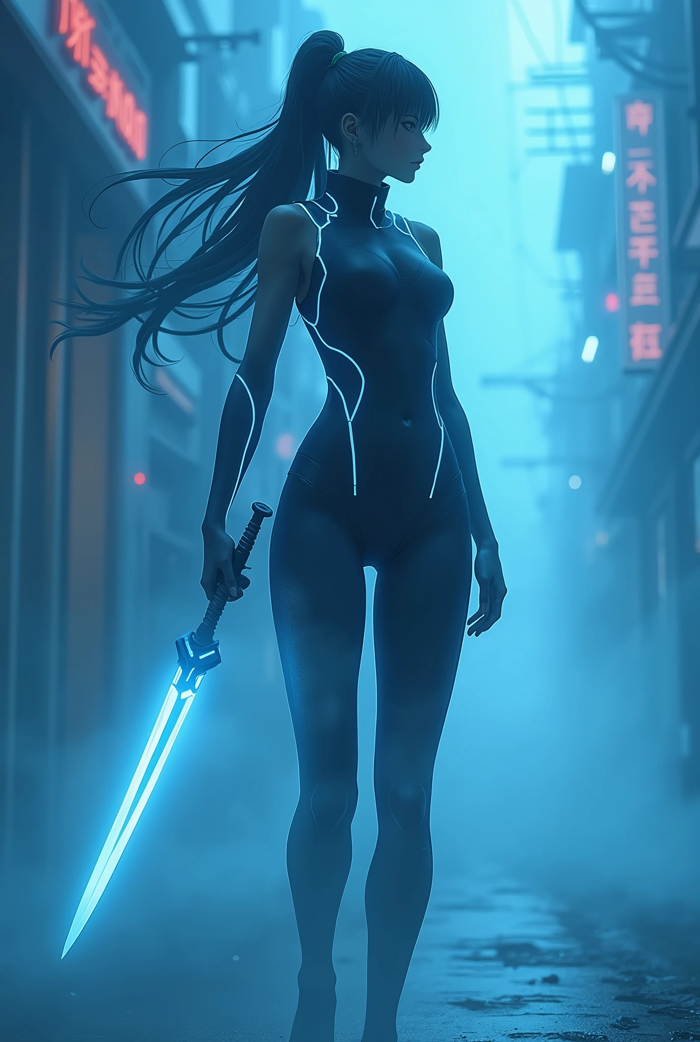 An award-winning anime masterpiece of visual delight, featuring a futuristic female assassin in a neon-lit urban landscape. Her body is nearly invisible, blending into the misty, blue-toned environment, with only a ghostly silhouette revealed by the Tyndall effect. Faint, electric glows pulse along the contours of her high-tech suit, adding energy and mystique to her presence. In her hand, she wields a futuristic glowing dagger, its blade emitting a soft, eerie light that contrasts with her near-invisible form. The advanced light-bending technology distorts the air around her, with brief glimpses of her figure highlighted by the interplay of light and shadow. The composition perfectly captures the blend of stealth, cutting-edge technology, and anime artistry in a visually stunning, ethereal scene.