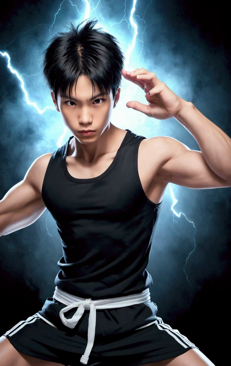 slim legs, Japanese boy, spread legs, slim, teenager, cute boy, slim boy, slender, (more slim body:1.6), glowing ,Japanese young boy in a "Hadouken" pose, facing forward, He is wearing a tank top,  his hands are positioned as if he is about to unleash a powerful energy attack. The background is simple and focuses on the boy's intense stance