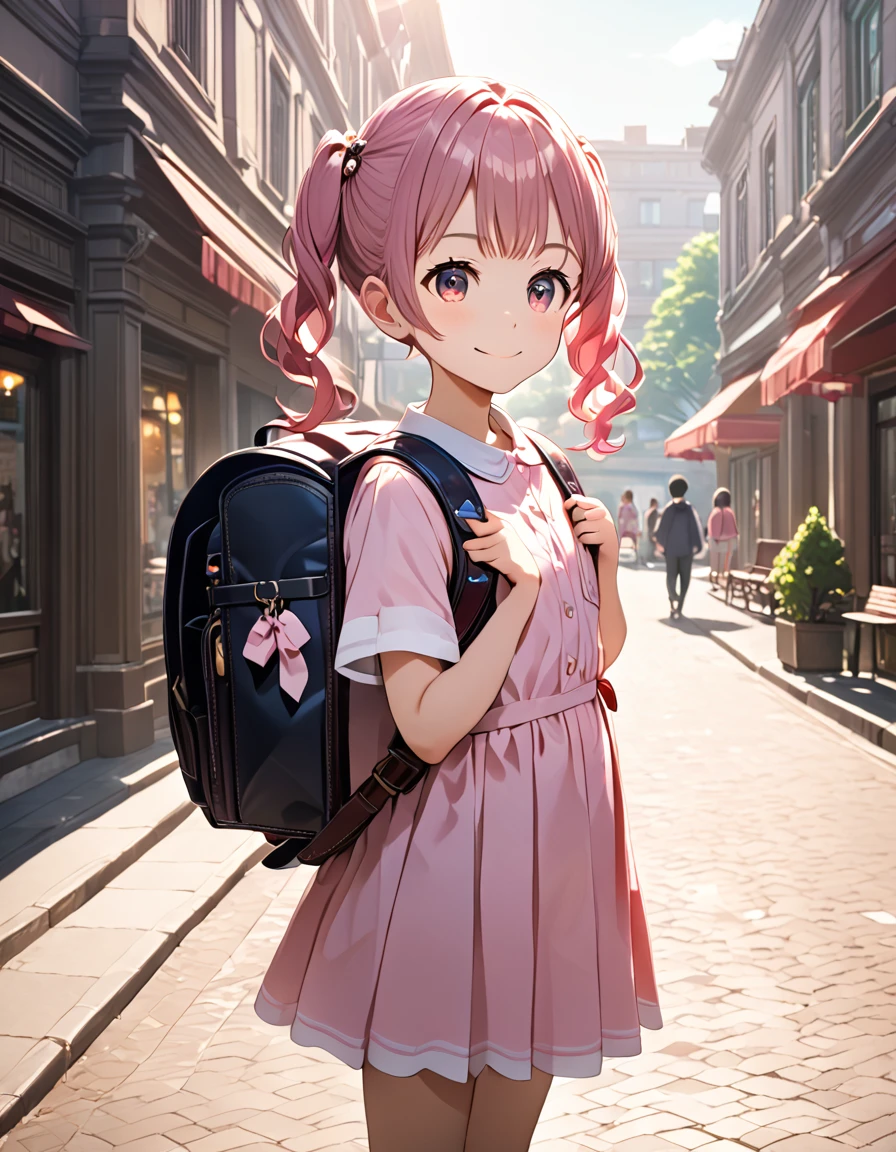 masterpiece, best quality, high resolution, extremely detailed, detailed background, cinematic lighting, 1girl, bangs, short twintails,pink shirt,, frown, city, street, looking at viewer, smile, full body, sunlight, dappled sunlight, day, outdoor, park, fullbody, wearing randoseru backpack, (randoseru backpack:1.2)